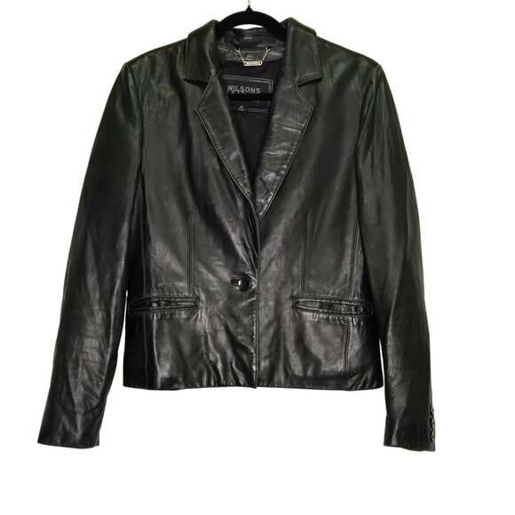 Vintage Wilsons Leather Black Cropped Blazer Jacket Soft Tailored M - Picture 1 of 16